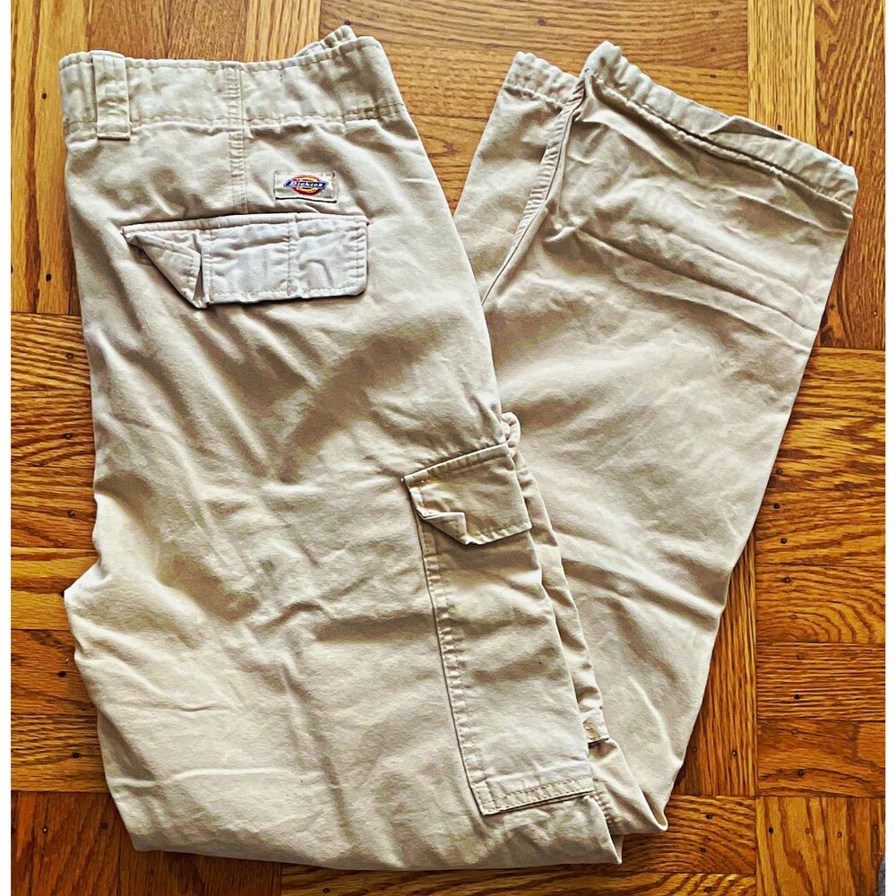 Dickies Men's Beige Cargo Pants Relaxed Straight Flat Front Canvas 34W